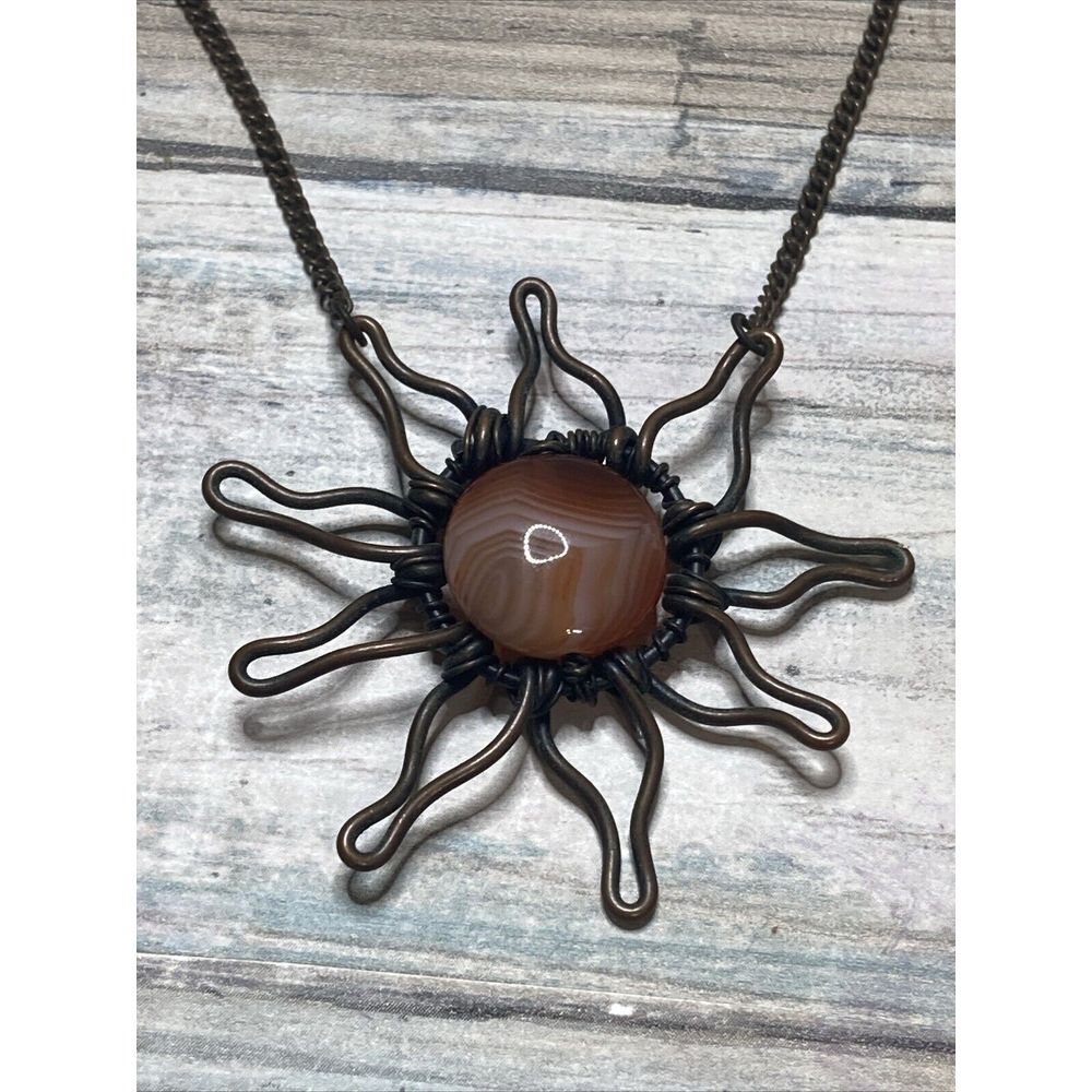 Copper Sunburst Banded‎ Agate Stone Necklace 18" Chain Wrapped Wire Artisan